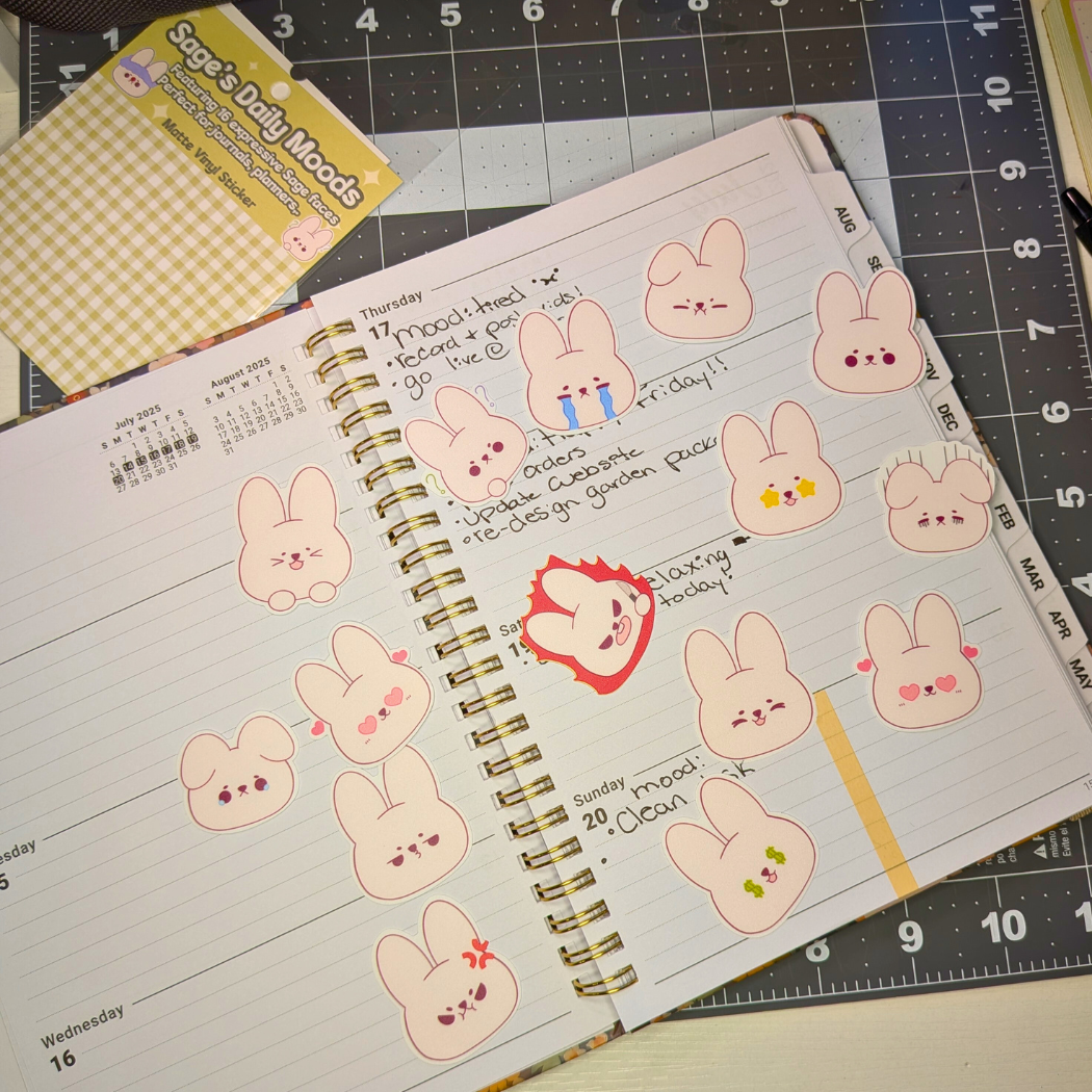 Sage’s Daily Moods! Cute Bunny Face Sticker Pack, 16 Kawaii Expressions for Journals & Planners