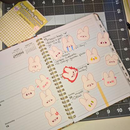 Sage’s Daily Moods! Cute Bunny Face Sticker Pack, 16 Kawaii Expressions for Journals & Planners