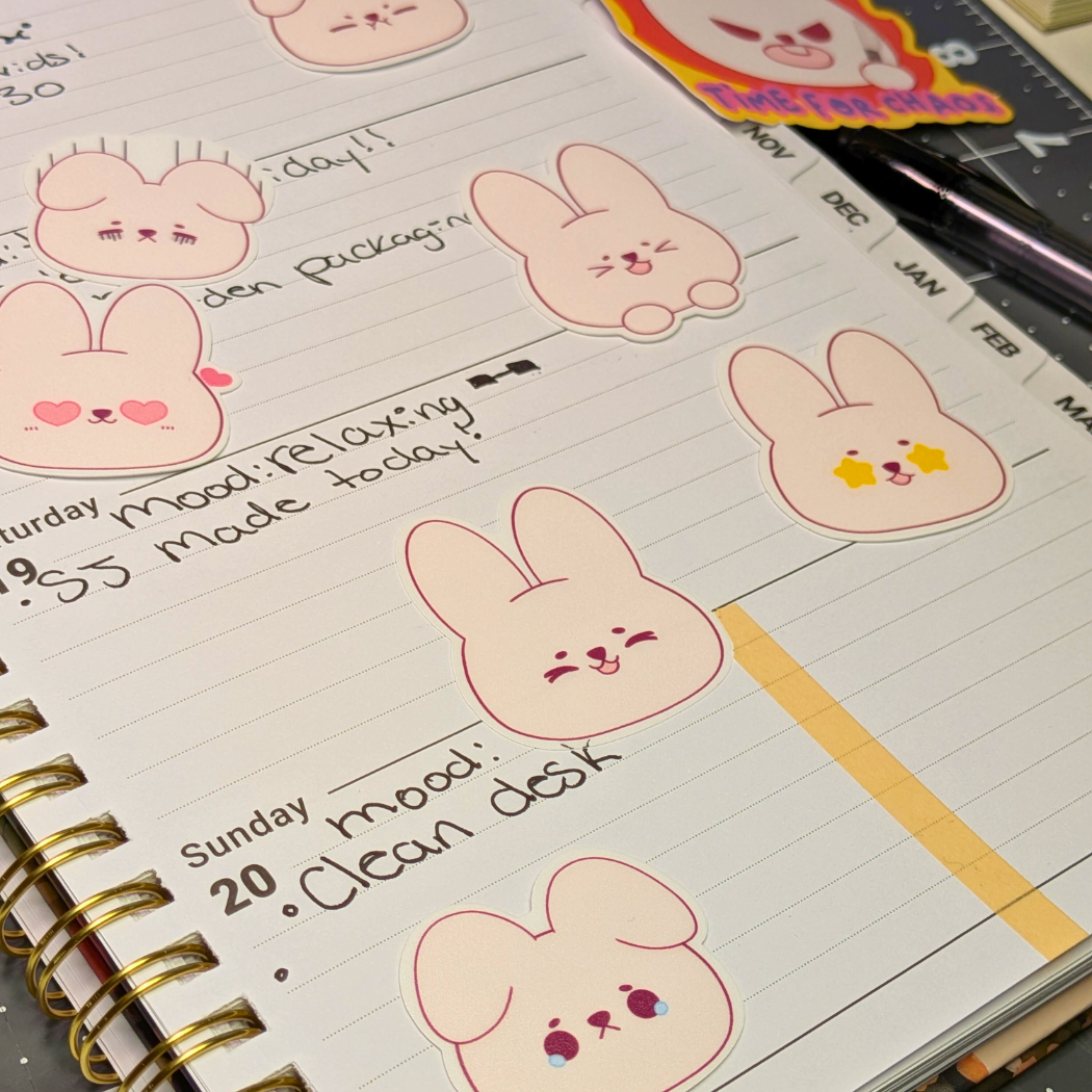 Sage’s Daily Moods! Cute Bunny Face Sticker Pack, 16 Kawaii Expressions for Journals & Planners