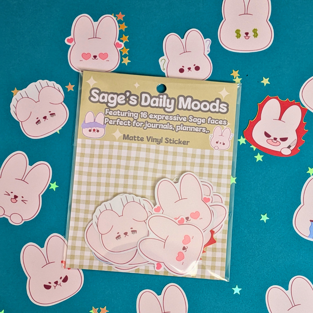 Sage’s Daily Moods! Cute Bunny Face Sticker Pack, 16 Kawaii Expressions for Journals & Planners