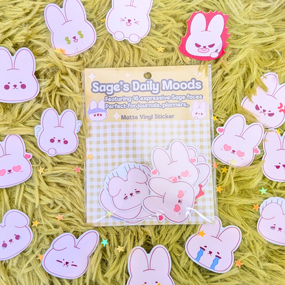 Sage’s Daily Moods! Cute Bunny Face Sticker Pack, 16 Kawaii Expressions for Journals & Planners