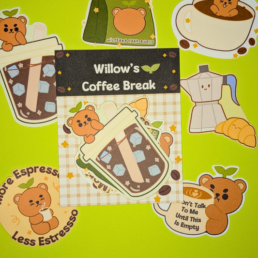 Willow’s Coffee Break - Cute Bear Café Sticker Pack, Espresso, and Coffee Stickers for Journals & Planners