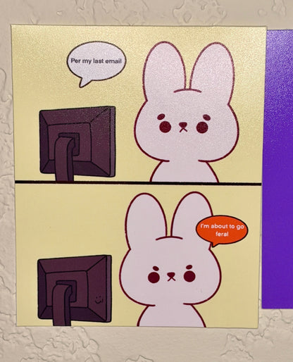 Cartoon rabbit characte, looking at computer with speech bubbles "per my last email" on a beige background