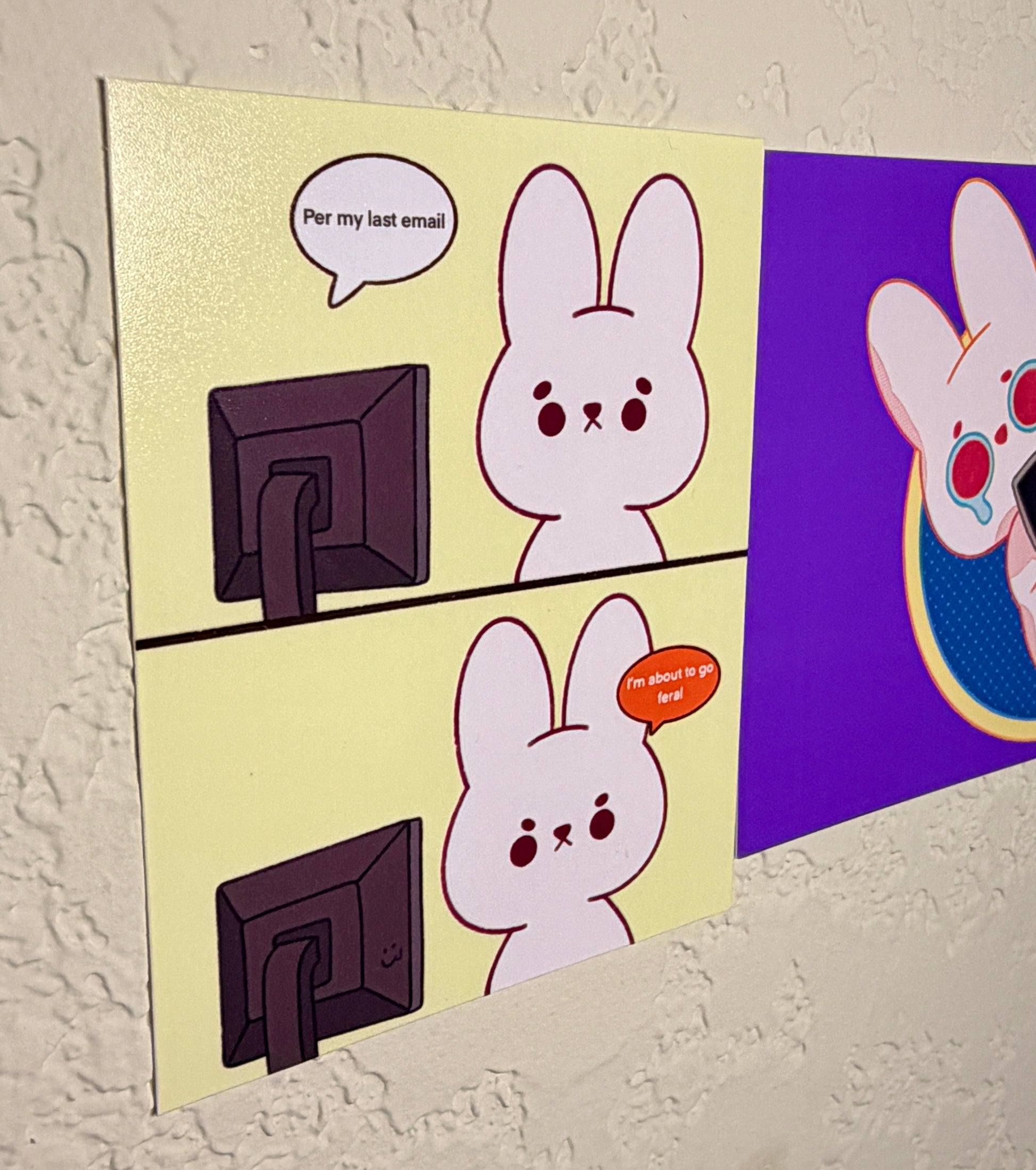 Chibi cute white cartoon rabbit character staring at computer with speech bubble "per my last email"  on a light gray wall